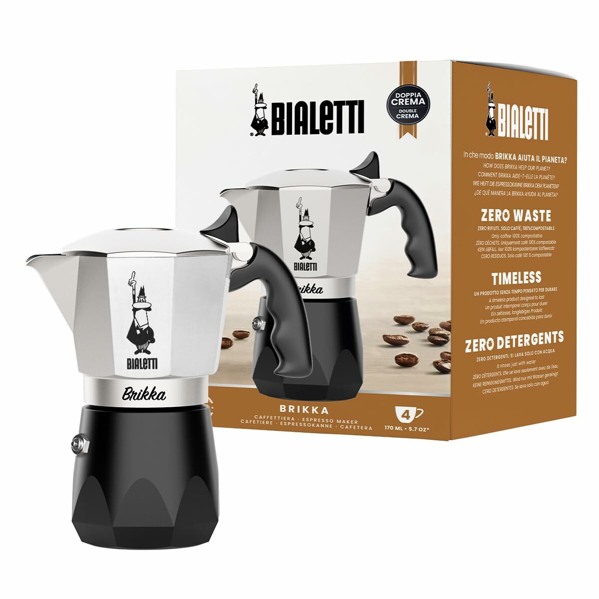 Bialetti BRIKKA din aluminiu, 4 căni, neagră