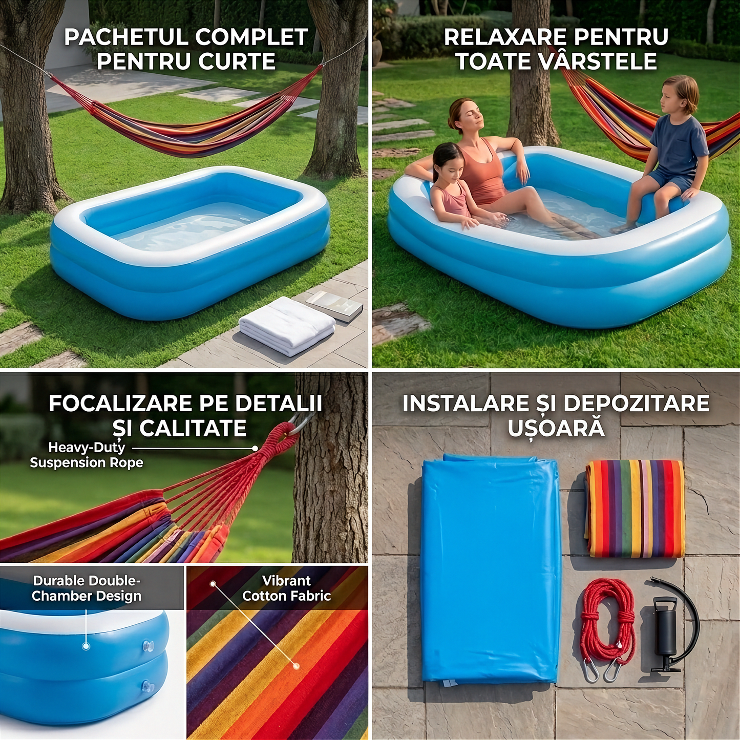 Set piscină gonflabilă BESTWAY, 201 x 151 x 60 cm cu hamac multicolor din bumbac