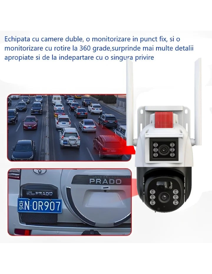 Cameră inteligentă de supraveghere cu lentile duble V380 Pro, 5MP, HD 4K, exterior/interior, WiFi, zoom 4x, pivotantă, lumini LED, comunicare bidirecțională, senzor mișcare, vedere nocturnă IR 30 m