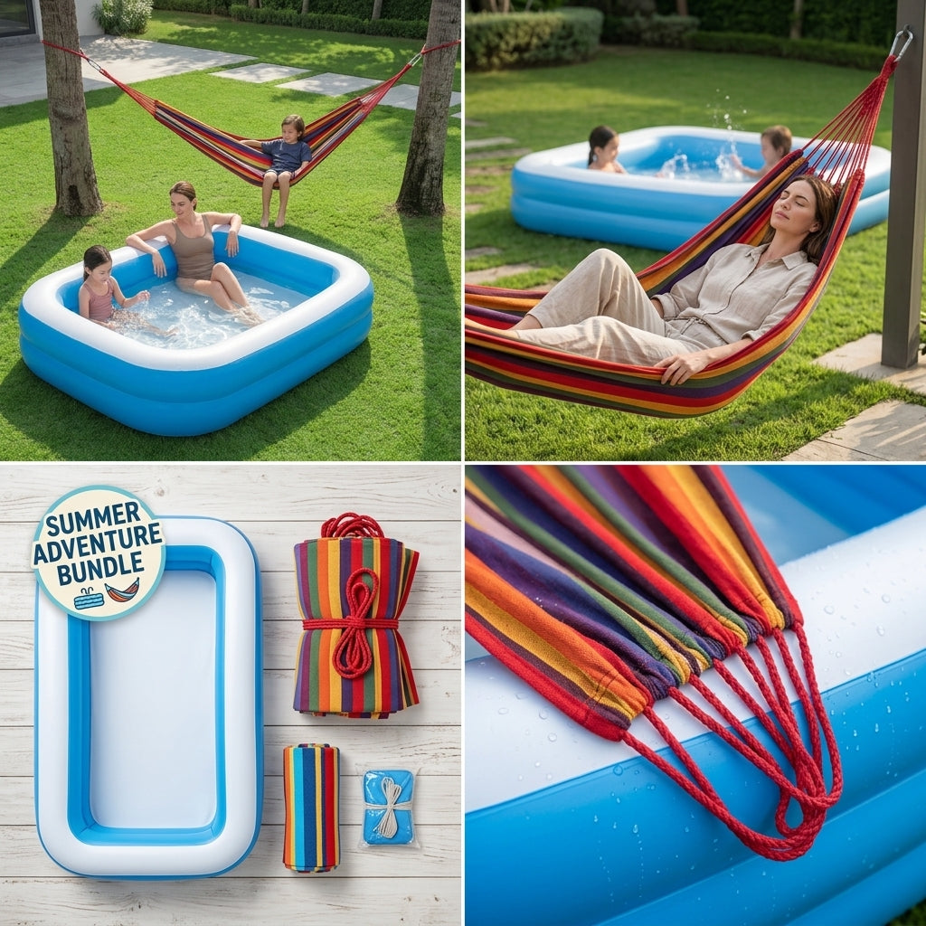 Set piscină gonflabilă BESTWAY, 201 x 151 x 60 cm cu hamac multicolor din bumbac